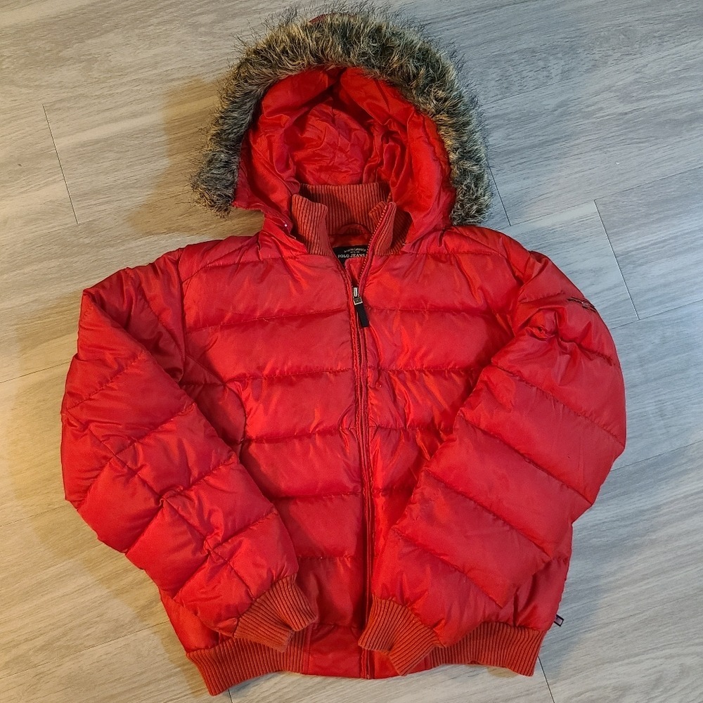 Ralph Lauren Polo Jeans Womens L Red Bomber Down Jacket with Fur Hood